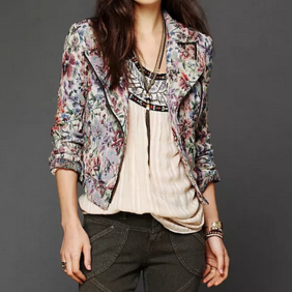 Free People Floral Tapestry Moto Zip Front Jacket
